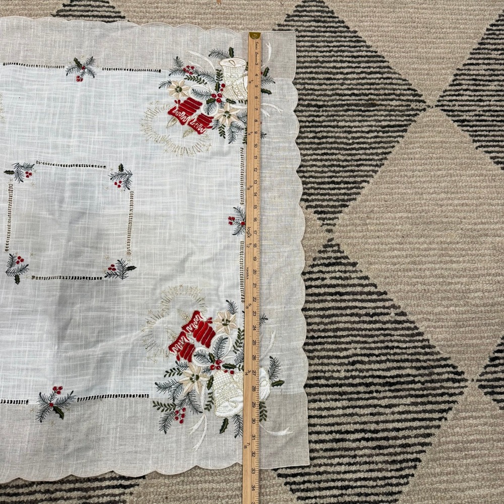 Vintage Embroidered Christmas Tablecloth Bells Poinsettia Holly Hemstitch 33x33 - Picture 11 of 12